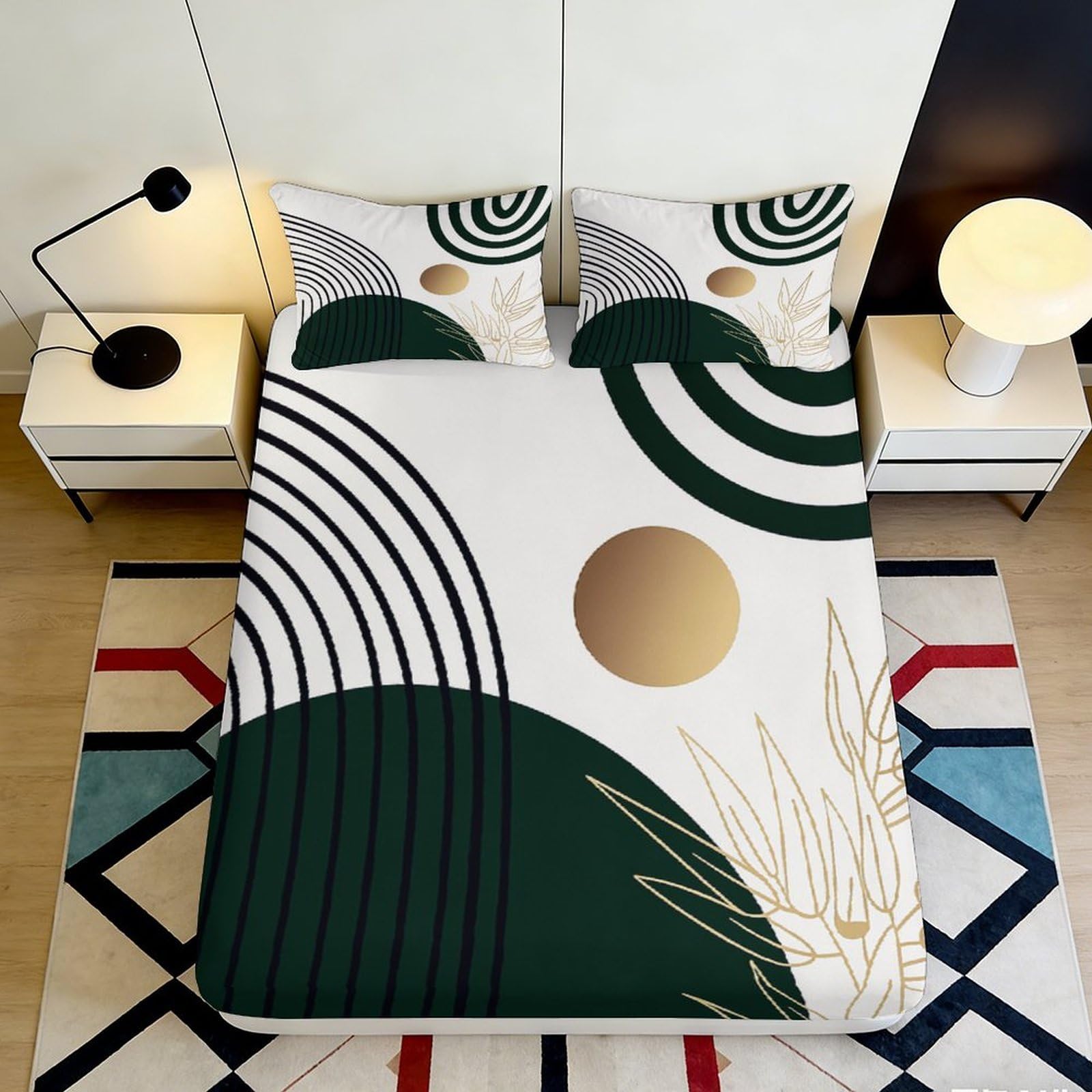 3D Printed Geometric Abstract Fitted Sheet Microfiber Soft Breathable Botanical Circle Mattress Cover for Bedroom Dorm Decor, Machine Washable 120x200x25cm