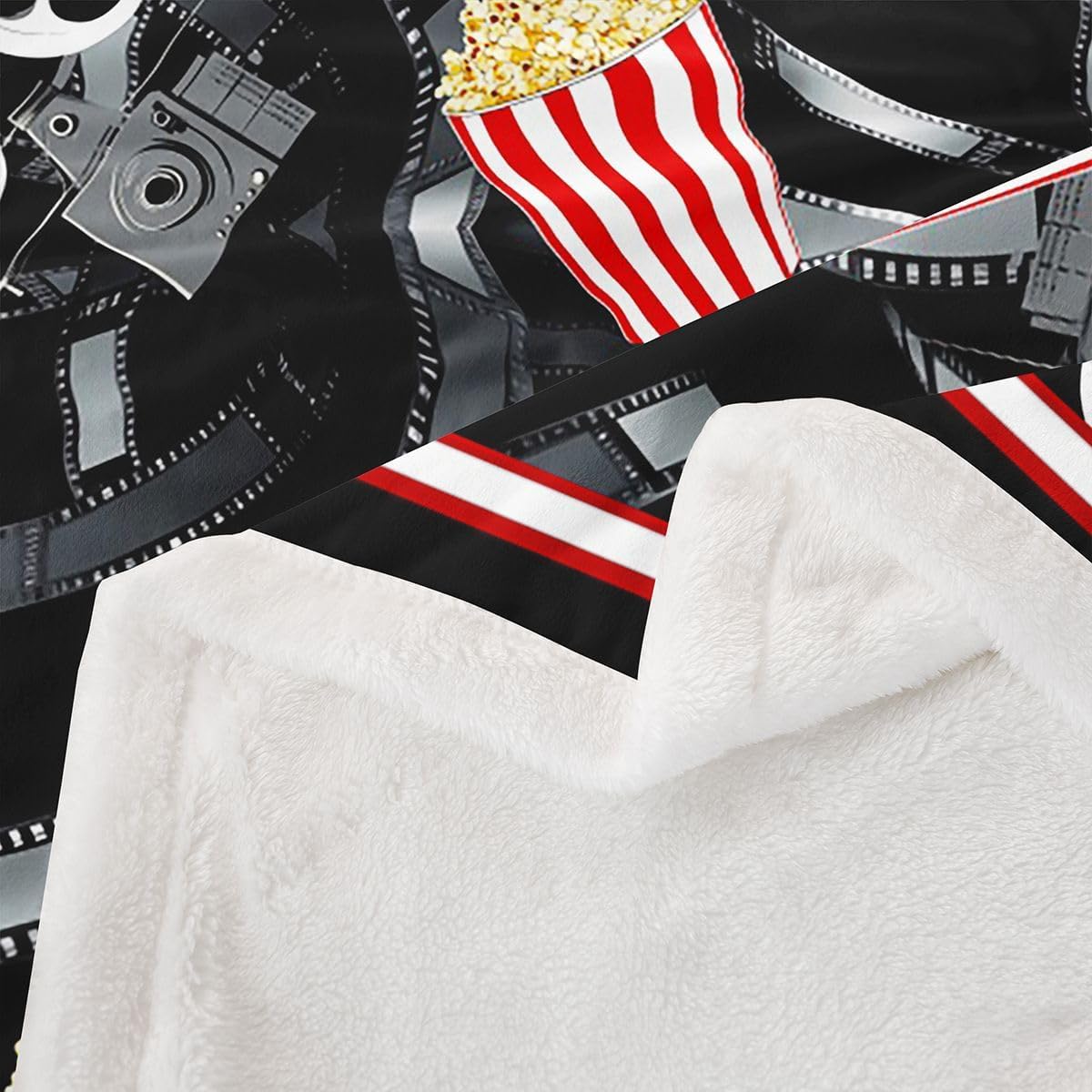 Feelyou Movie Theater Plush Blanket Cinema Poster Fleece Throw Blanket for Children Popcorn Movie Night Film Star Red Black Sherpa Blanket Room Decor Old Fashion Home Decor Room Decor Throw 50"x60"