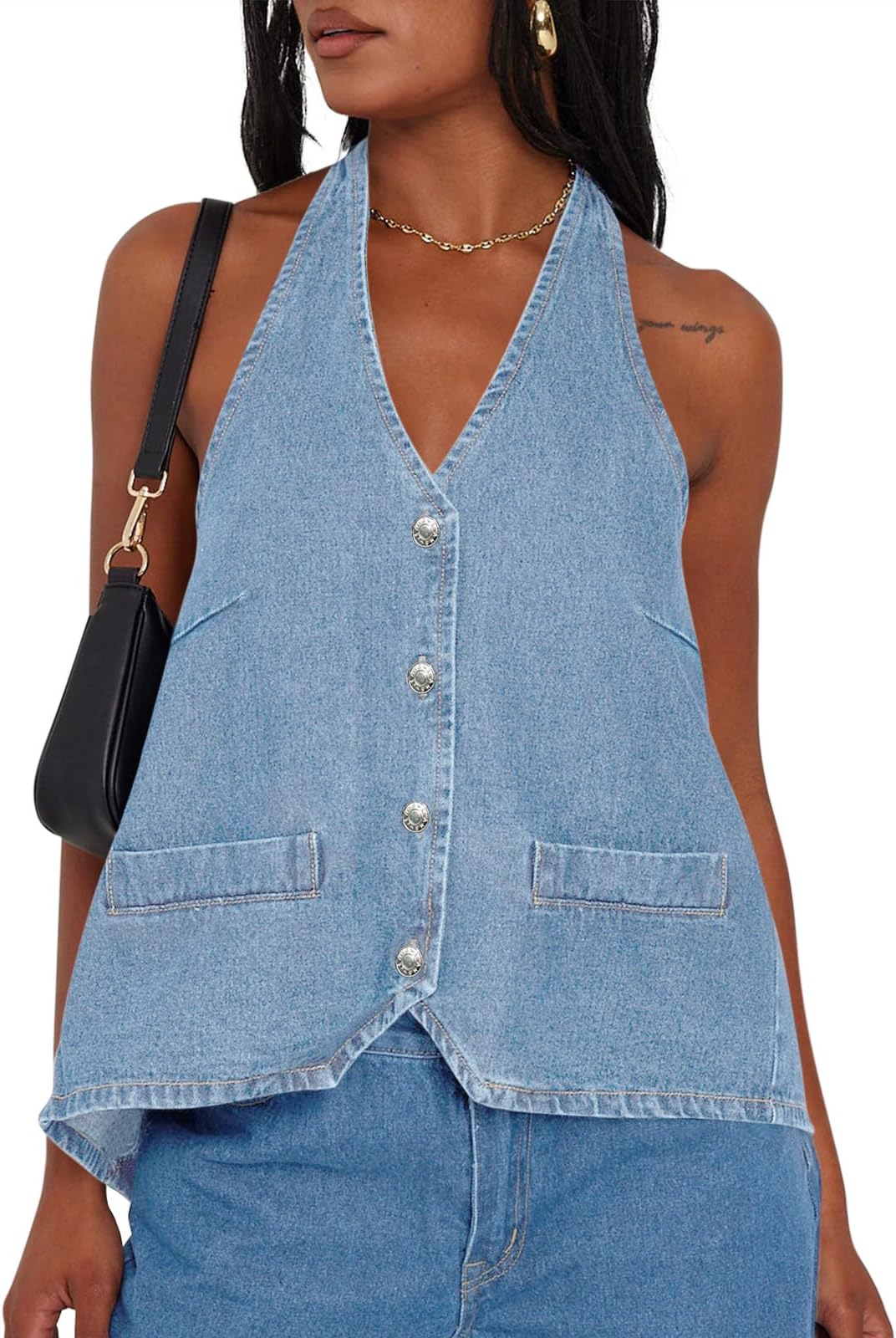 Womens Halter Denim Vest Tops Summer Open Back Y2K Going Out Tank Tops V Neck Button Down Jean Shirts