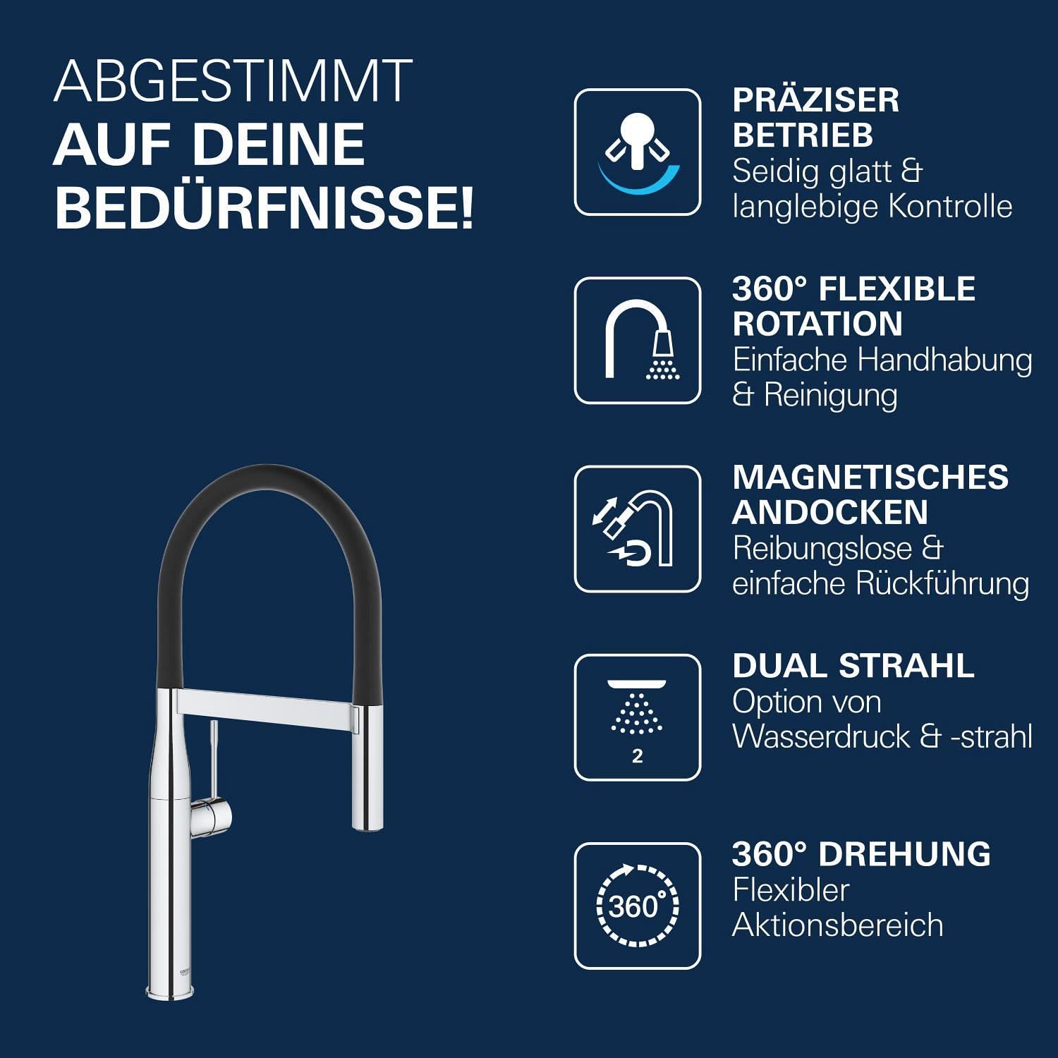 GROHE Essence, Küchenarmatur 2 Strahlarten (Wasserhahn Küche mit ausziehbarer Profibrause und magnetischem Docking, 360° schwenkbar, einfache Montage, Befestigungsset aus Metall), chrom, 30294000