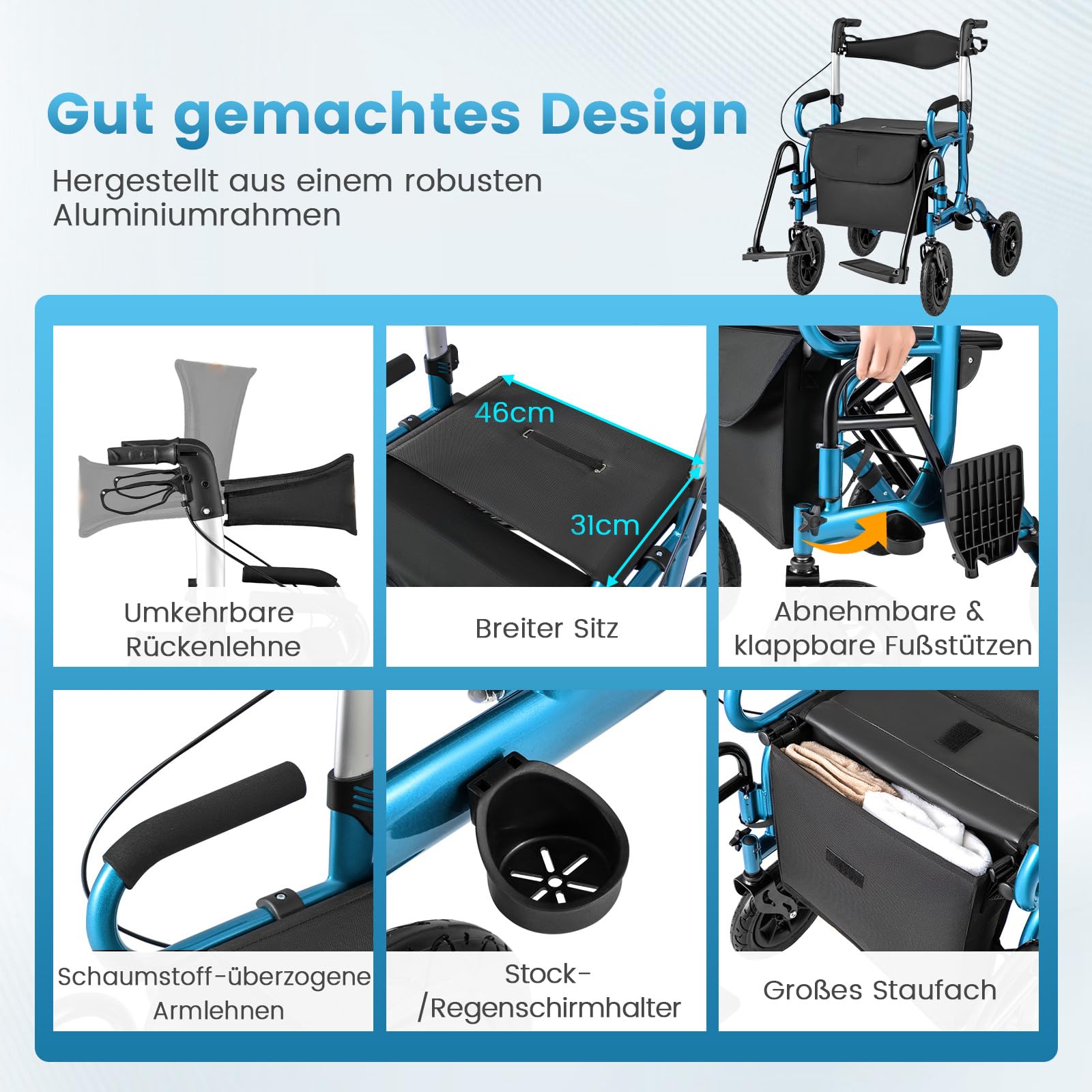 GOPLUS Wózek inwalidzki 2 w 1, lekki aluminiowy wózek inwalidzki, pomoc w chodzeniu z 6-stopniową regulacją wysokości, wózek spacerowy z torbą, uchwyt na kijki do wszystkich terenów, składany