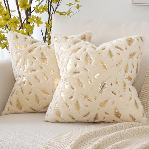 OTOSTAR Juego de 2 fundas de almohada decorativas de lujo de 18 x 18 pulgadas, piel sintética suave con plumas estampadas doradas, fundas de cojín
