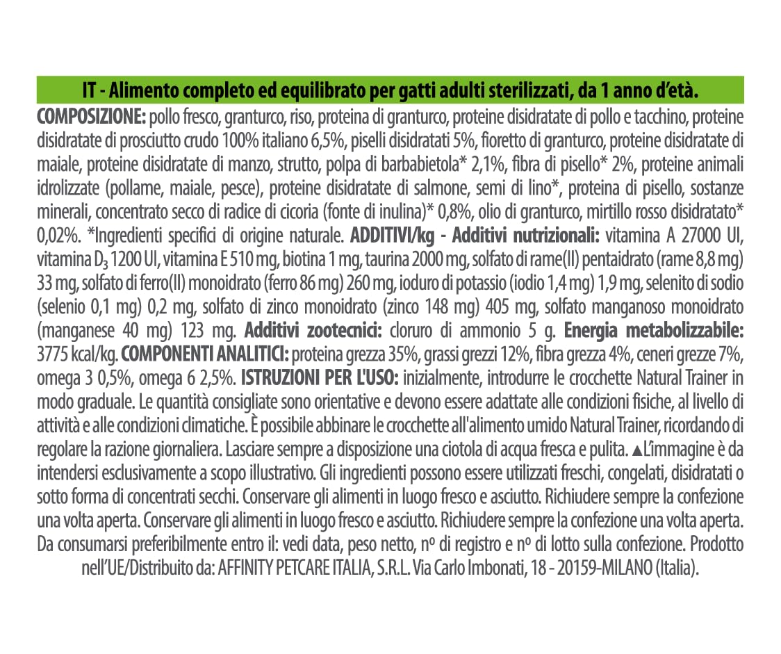 Trainer Natural Sterilised Adult con Prosciutto Crudo e Fibra di Pisello 10 Kg, 10000 Gr