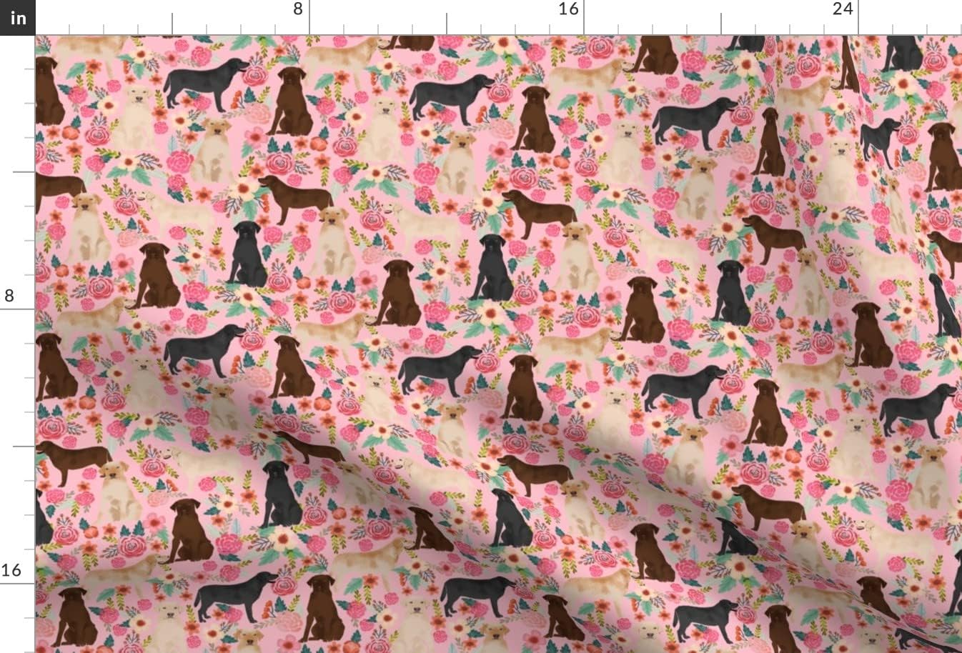 Spoonflower Fabric - Labrador Pink Florals Cute Dogs Yellow Lab Golden Black Chocolate Printed on Minky Fabric by The Yard - Sewing Baby Blankets Quilt Backing Plush