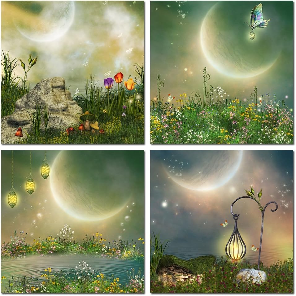 QTESPEII- Modern Decor Stretched and Framed Giclee Prints Artwork Fantasy Fairy Tale Pictures Paintings on Canvas Wall Art for Nursery Kids' Bedroom Home Decorations Set of 4, 12 by 12 Inch