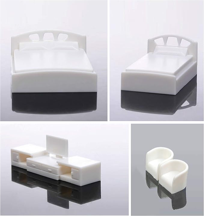 5er Set Modell Schlafzimmer Möbel 1:50, Doppelbett + Einzelbett + TV + 2 Sessel