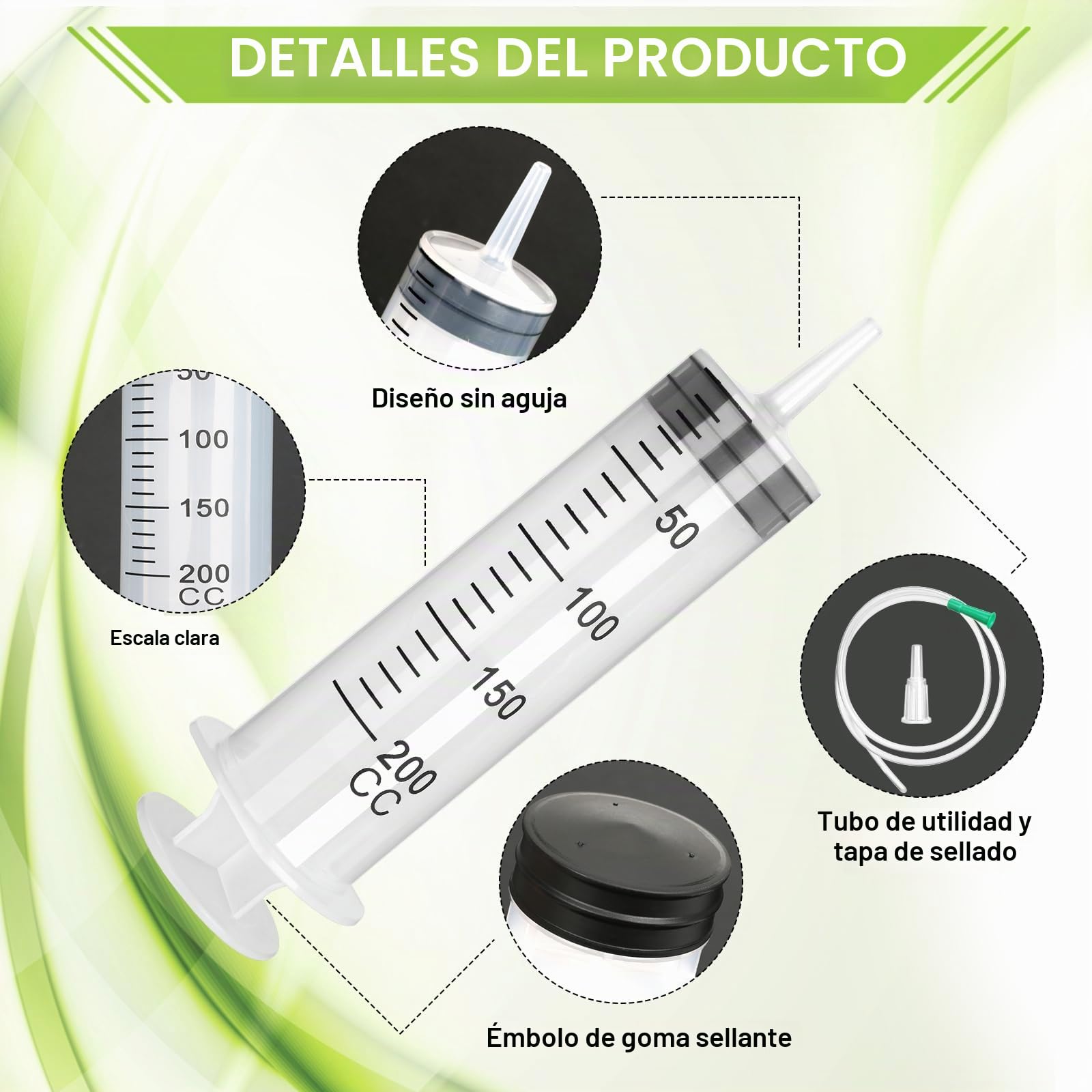Jeringa curvada de plástico de 200 ml, jeringa reutilizable de gran volumen, jeringa de plástico con tapa de cierre, jeringa sin cánula para laboratorios científicos fábricas