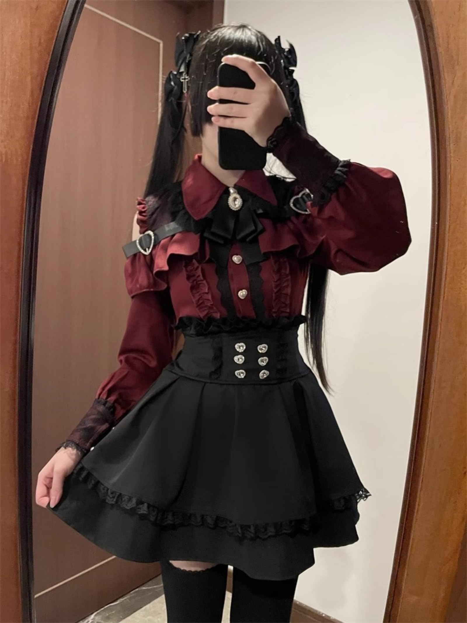 Wayolyn Lolita Shirts Jirai Kei Fashion Kawaii Clothing Goth Shirts Women Lace Mesh Sheer Long Sleeve Blouse: Red X-Large
