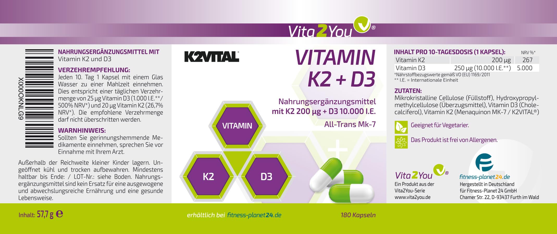 Vita2You Vitamin D3 + K2-180 Kapseln - Vitamin D3 10.000 IE + Vitamin K2 (MK-7) 200µg - Original K2VITAL® von Kappa - Premium Qualität
