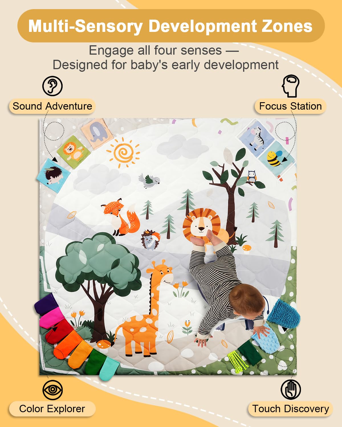 Premium Foam Baby Play Mat 50x50, 4 Developmental Zones Play Mat with Removable & Machine Washable Cover, Extra Thick Padding Playpen Mat, Easy to Clean for Infants, Toddlers & Babies