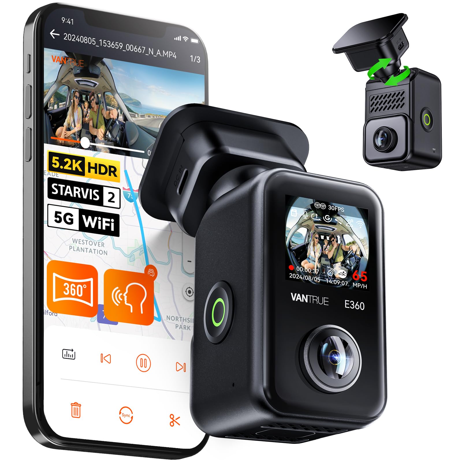 VANTRUE E360 360度 ドライブレコーダー 5.2K 前後カメラ