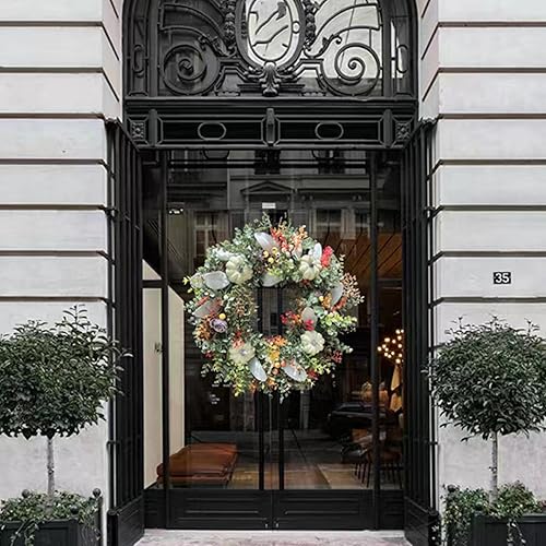 Miniatura 2 de Corona de calabaza blanca, corona de eucalipto de otoño de 15.7 pulgadas, coronas de puerta de calabaza, corona de otoño artificial, corona de otoño