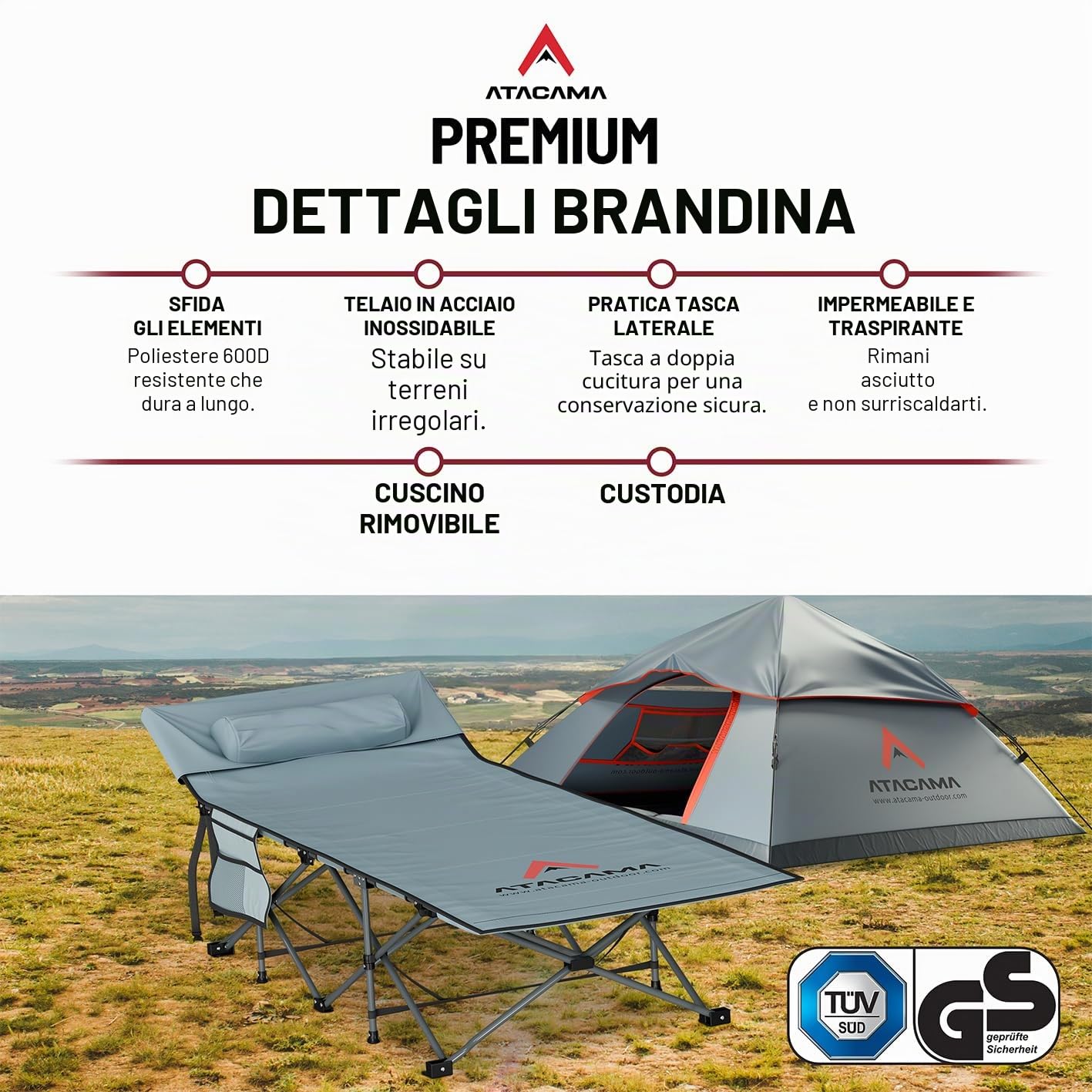 Atacama Lettino da campeggio pieghevole - lettino camping ultraleggero - Lettino ideale per avventure all'aperto, lettino carpfishing - letto da campeggio XXL comodo, portatile lettino da campeggio