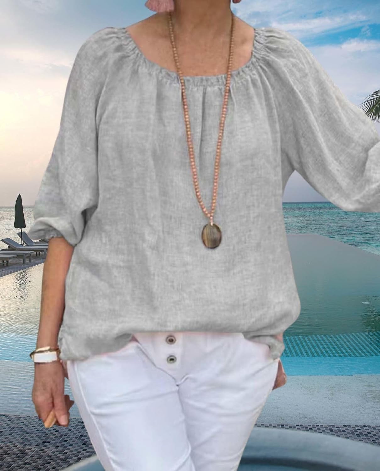 Summer Casual Womens Linen Shirt Round Neck Half Sleeve Linen Loose Pleated Tops Fashion Blouse T Shirt - Image 3