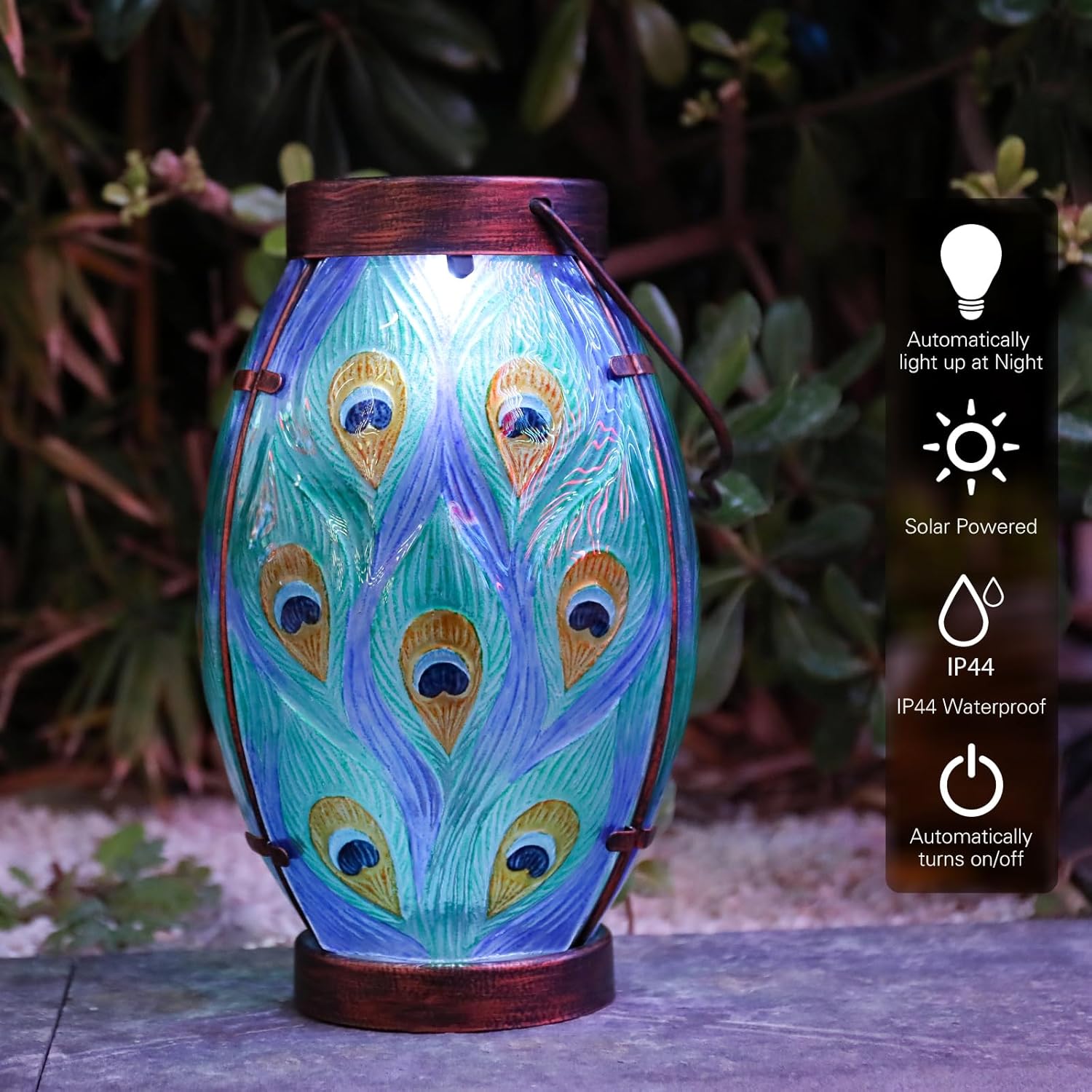 Afirst Hanging Solar Lantern Outdoor Glass Peacock Lights Waterproof Led Solar Lamp for Garden Yard Tree Desk Decor