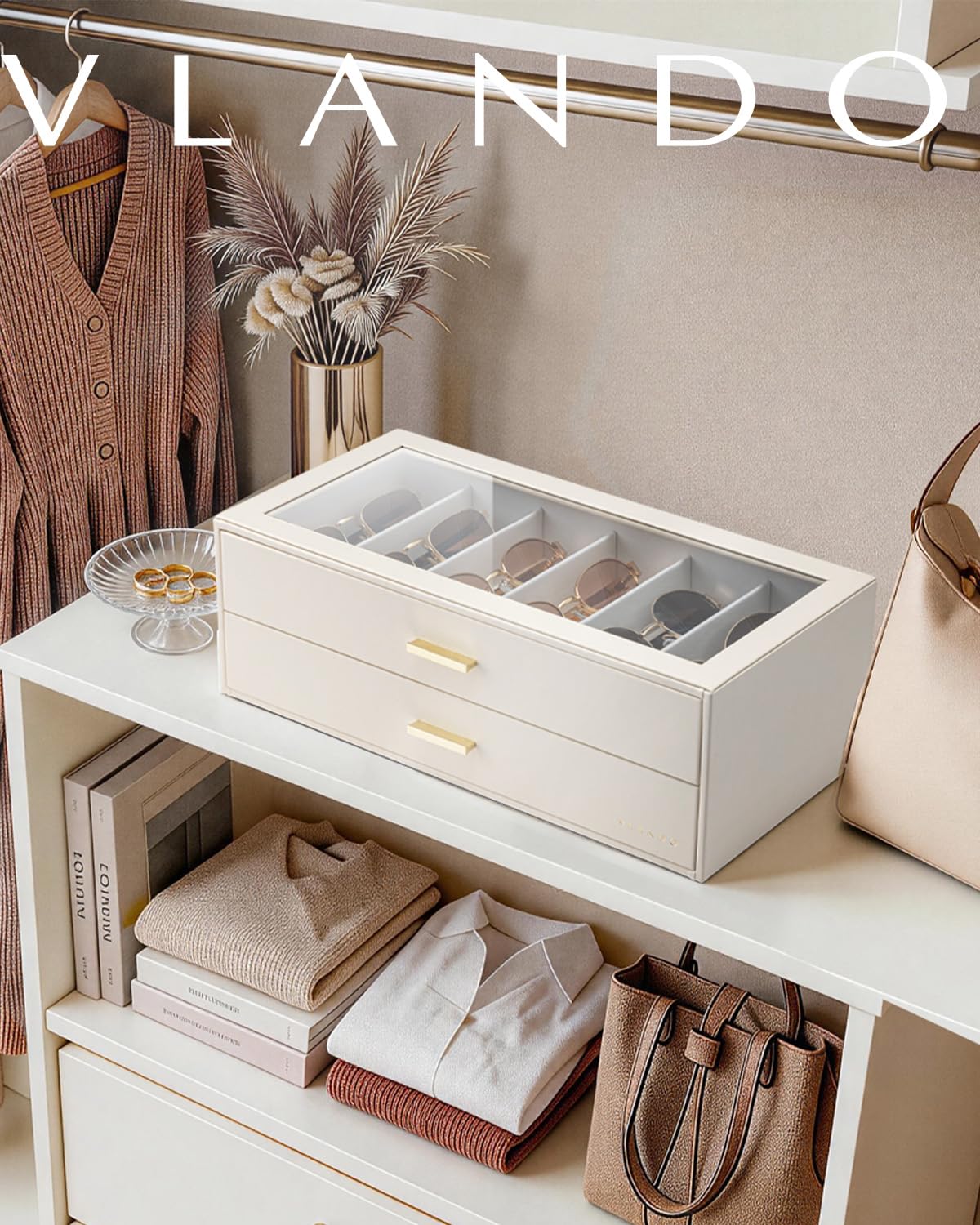 VLANDO Sonnenbrillen Aufbewahrung 2 Etagen, Brillen Aufbewahrungsbox mit Transparentem Glasdeckel für 12 Brillen, Sonnenbrillen Organizer zur Aufbewahrung Mehrerer Brillen, Beige