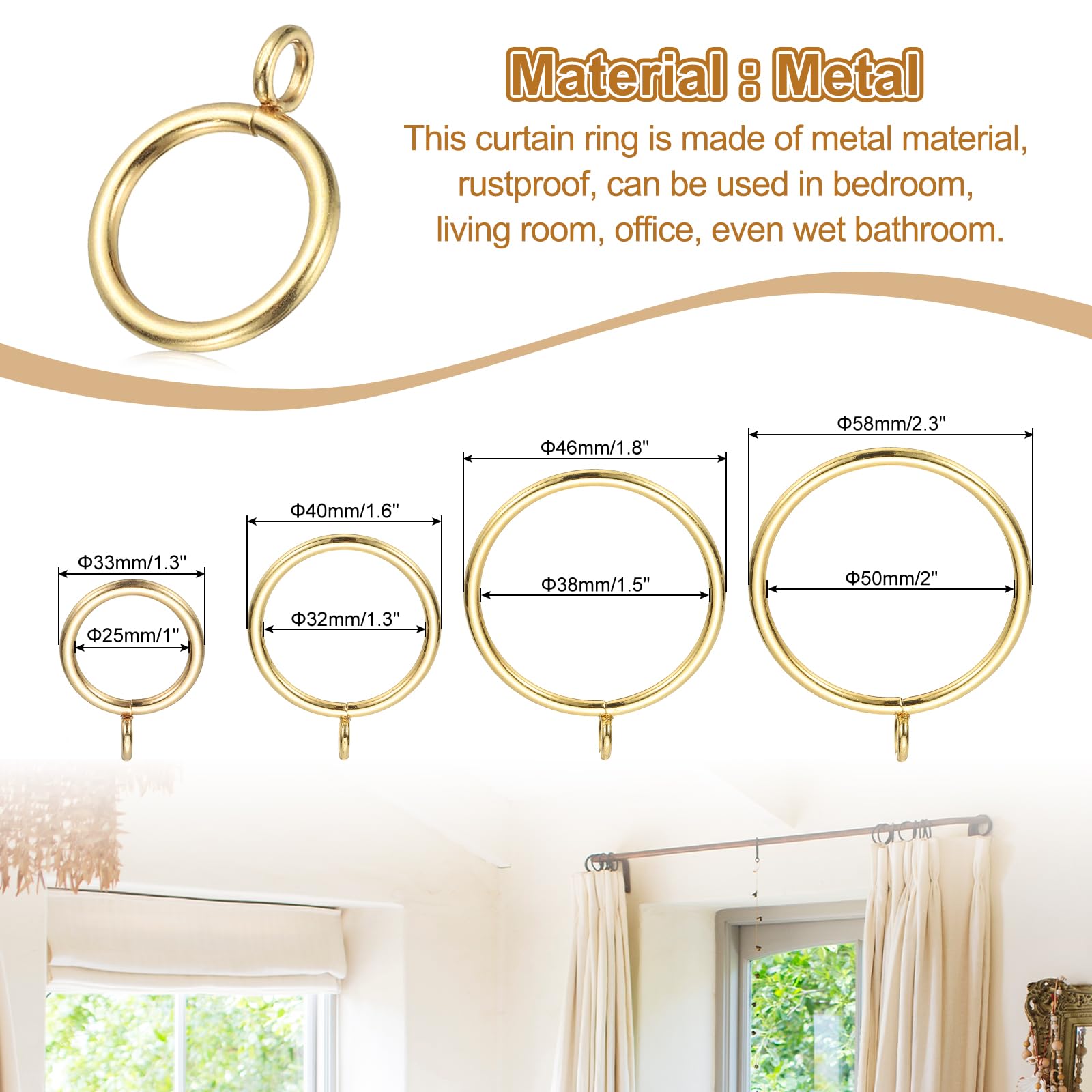 PATIKIL 2 Inch Inner Dia Curtain Rod Rings with Eyelets, 30 Pcs Metal Drapery Ring for Curtain Rods Hoop Pins Gold Tone - Image 4