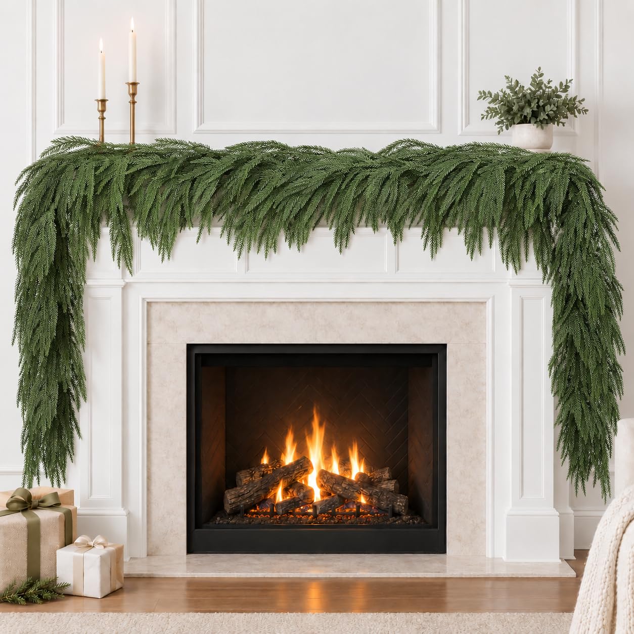 2 Pcs 6FT Christmas Norfolk Pine Garland, Real Touch Artificial Greenery Garland, Realistic Faux Pine Garlands for Front Door Mantel Fireplace Stairs Table, Holiday Indoor Outdoor Xmas Decor