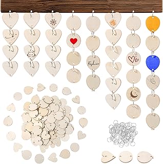 210 Pcs 3 Type Wooden Tags with Holes Ring,1.18 Inch Family Birthday Calendar Tag Wood Hearts Circles Tags for Crafts DIY Christmas Gift Chore Board