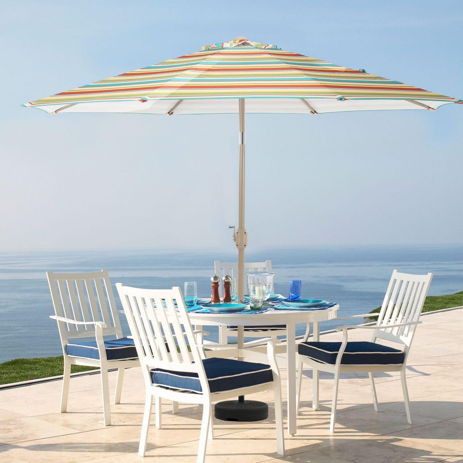 BPS 9FT Outdoor Patio Market Striped Umbrella Aluminum Frame with Push Button Tilt Crank and 8 Metal Ribs, UV Protection Waterproof, for Garden Deck Backyard and Pool - Red Green and Blue