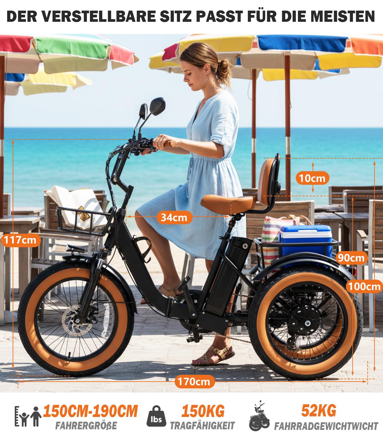 Elektro-Dreirad für Erwachsene, faltbares E-Trike mit 48V 15,6Ah Akku,zu 70-90 km Reichweite, 20×4 Zoll Fat Tires, 7-Gang-Schaltung, Differenzial, Aluminiumrahmen, bis 150 kg