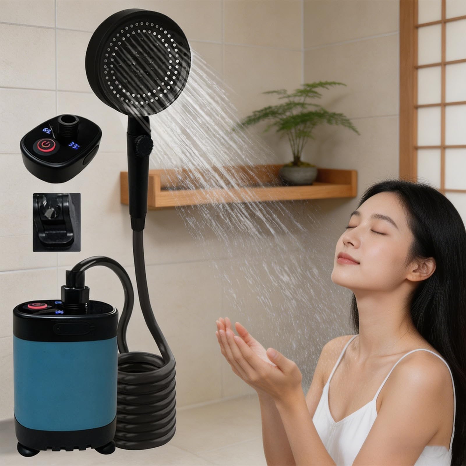 Doccia da campeggio ricaricabile USB compatta con display digitale ABS portatile elettrico per campeggio escursionismo spiaggia ad alta pressione all'aperto
