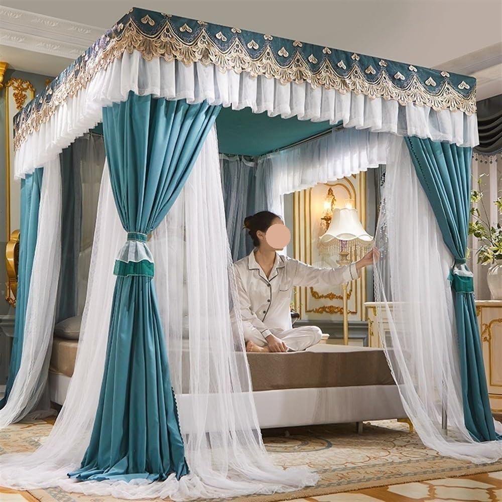 Bed Curtains with Elegant Ruffle, Canopy Bed Curtains with Mosquito Net for Bed, Double-Layer Privacy Canopy with Frame, Privacy Bed Canopy(Blue,W78.7 x L86.6in)