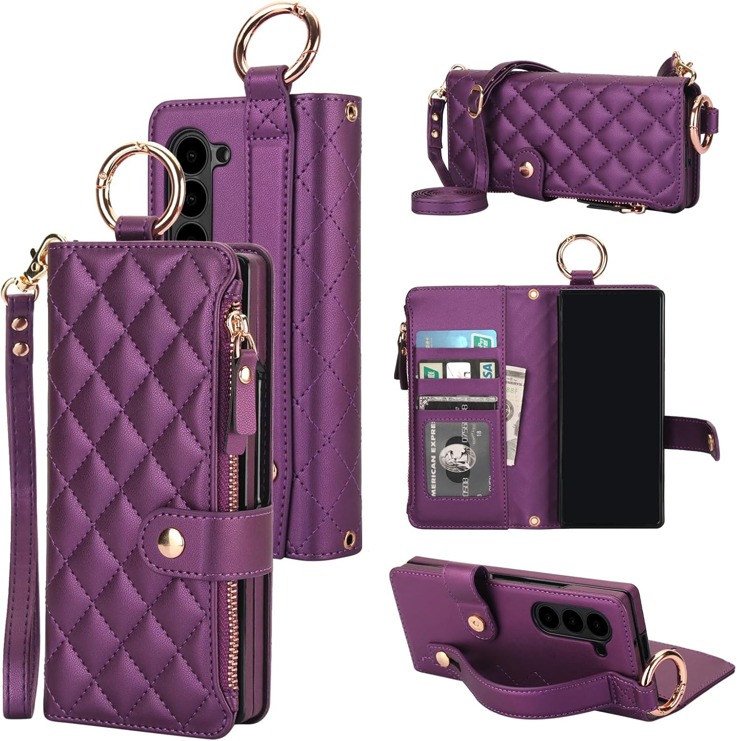 KIHUWEY for Galaxy Z Fold 6 Wallet Case with Card Holder Premium Leather Magnetic RFID Blocking Shockproof Zipper Wrist Strap Lanyard Cover for Samsung Galaxy Z Fold 6 7.6 Inch (Dark Purple)