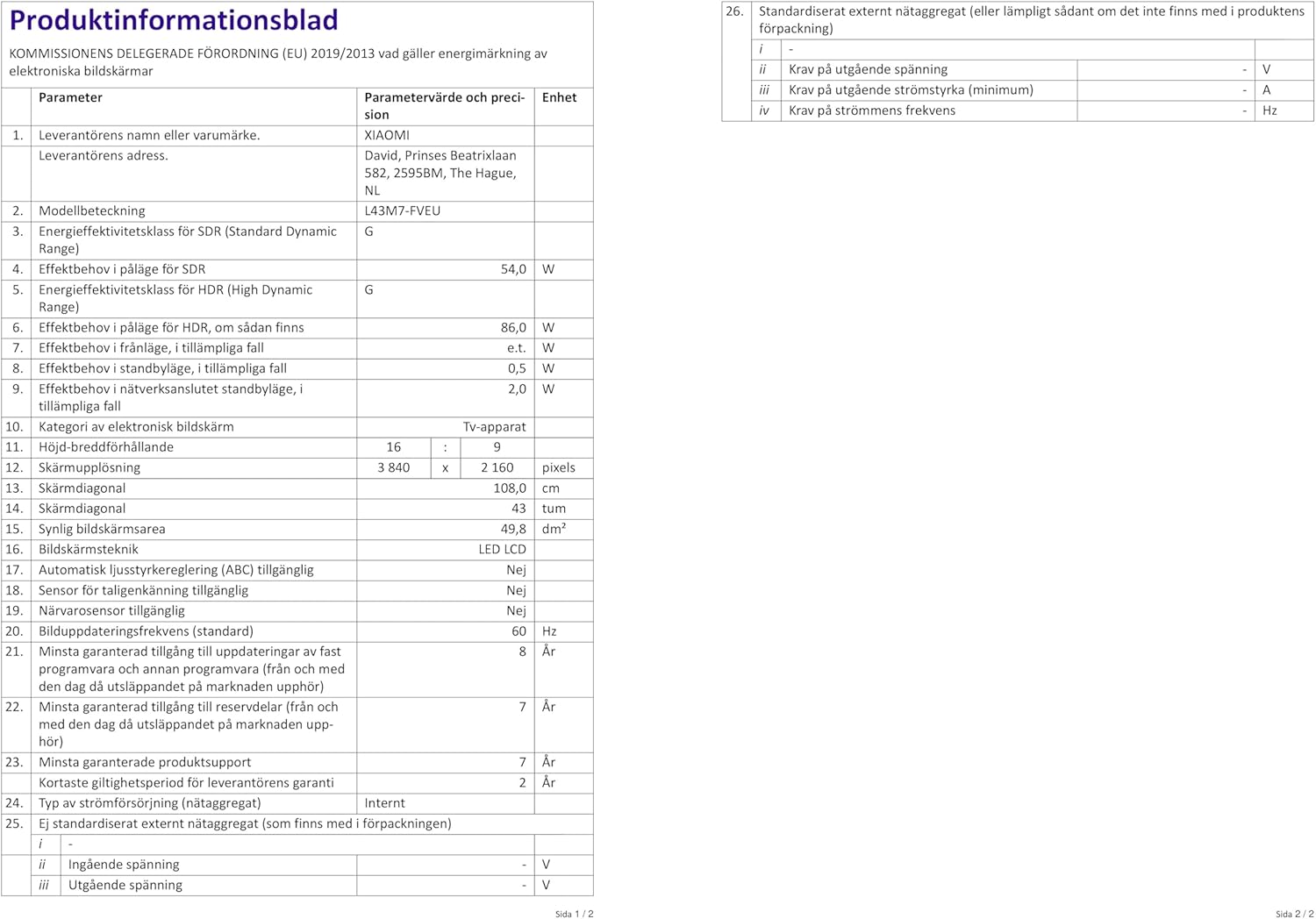 XIAOMI F2 Smart TV with dimensions labeled: 95.71cm width, 24.13cm depth, 60.71cm height
