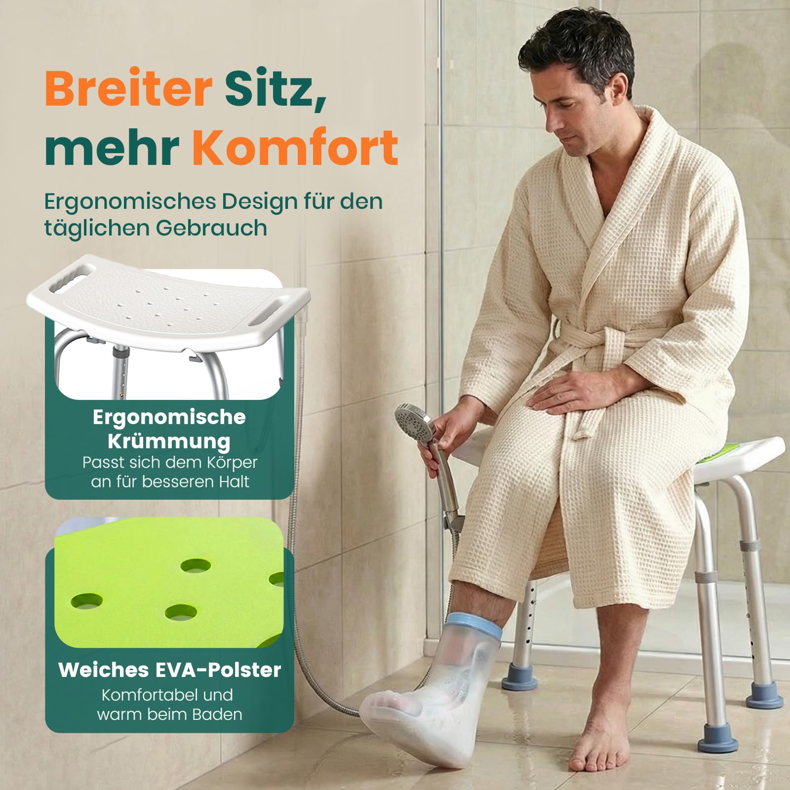 LC02 Duschhocker für Senioren, Rutschfester höhenverstellbarer Duschsitz bis 158 kg, Leichter Duschstuhl mit Griffausschnitten, für Schwangere und Personen mit eingeschränkter Mobilität