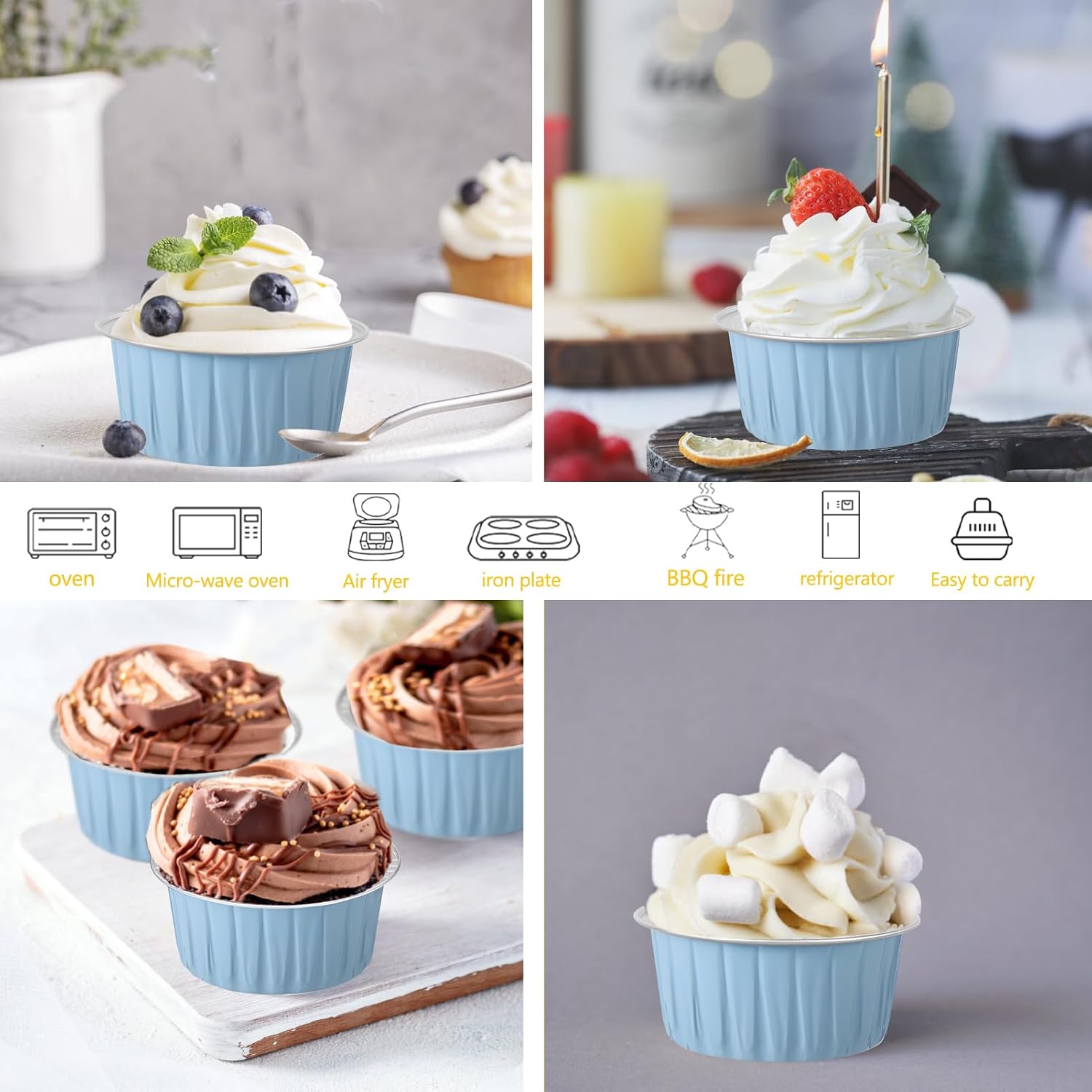 200Pcs Round Aluminum Baking Cake Pans with Clear Plastic Lids, Foil Pie Tin Tart Pans Disposable Ramekins Browni Baking Cups Dessert Cups for Wedding Birthday Party,5oz Blue