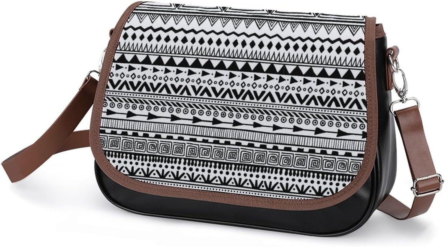 Tribal Print Black And White Aztec Pattern BohoWomen's Faux Leather Crossbody Bag, Waterproof Wrinkle-Resistant Shoulder Bag with Detachable Strap, Large Capacity Casual Handbag, Fashion Daily Purse F