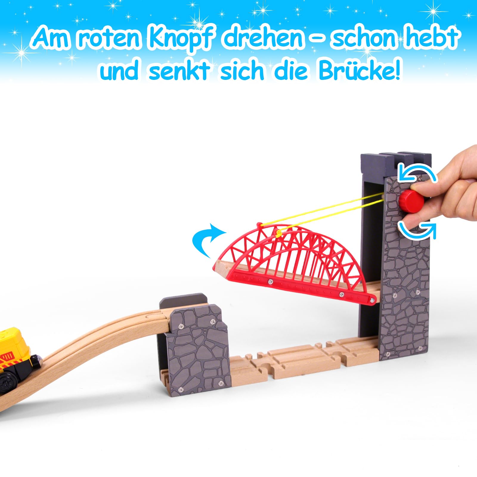Hebebrücke für Holzeisenbahn, kompatibel mit Allen gängigen Holzeisenbahn-Systemen, Holzschienen-Zubehör, für Kinder ab 3 Jahren