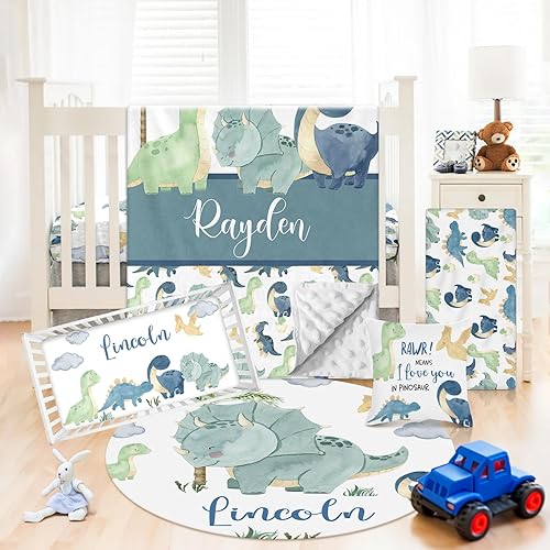 Juego de ropa de cama personalizado para cuna juegos de cuna de bebé con temática de dinosaurios de 5 piezas para niño con nombre personalizado,