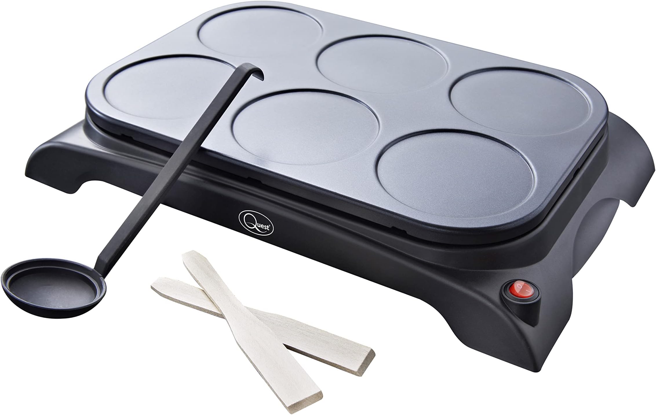 Quest Mini Pancake Maker and Grill / 6 Non-Stick Moulds/Easy to Use/Ladle & 2 Spatulas Included/Pan for Crepes, Burgers, Flatbreads, Omelettes, Dosa, Fried Eggs & More / 1000W