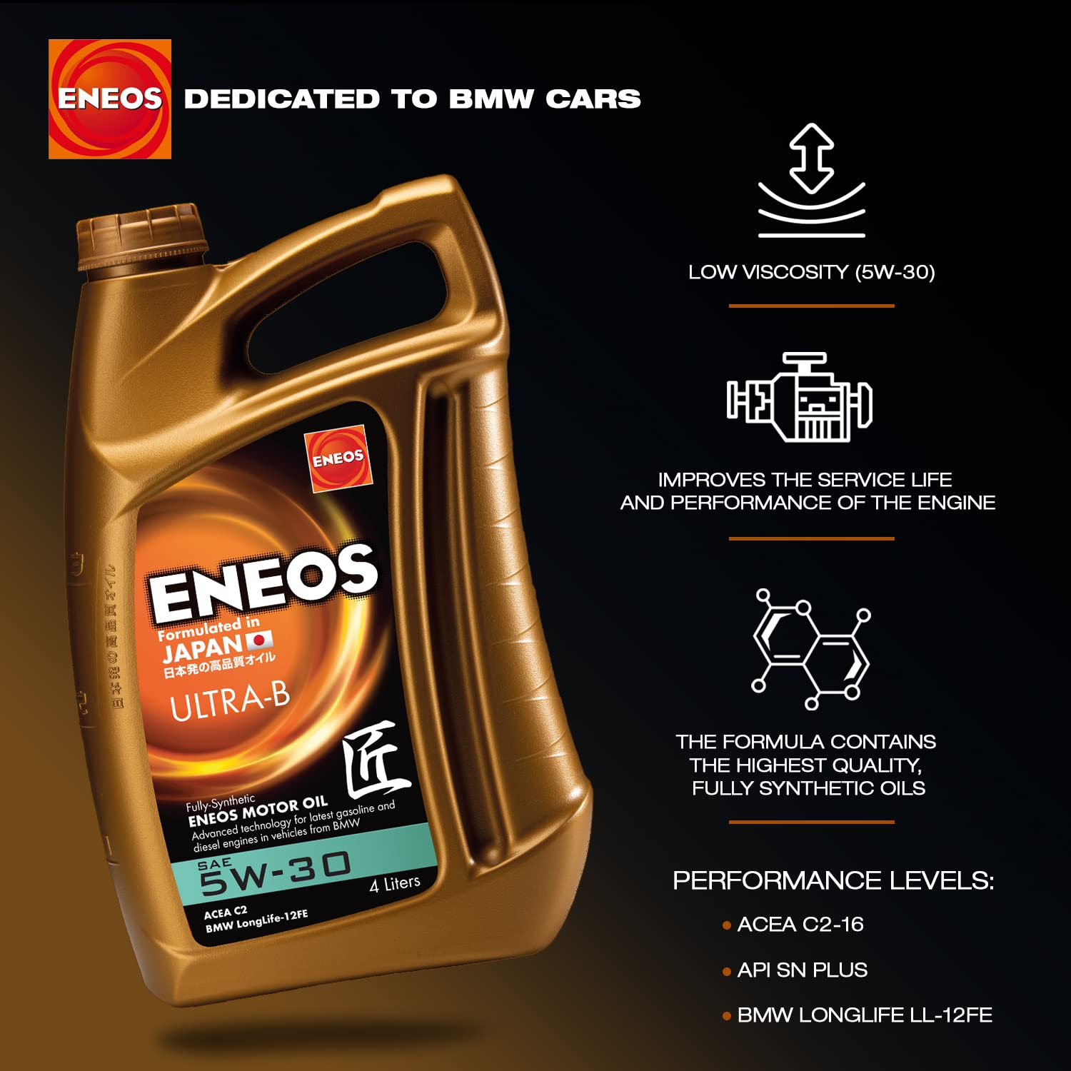 ENEOS Engine Oil 5W30 "ULTRA B" 4L - Aceite de motor para el coche - Aceite de motor totalmente sintético - Menos consumo de combustible - Protección del motor