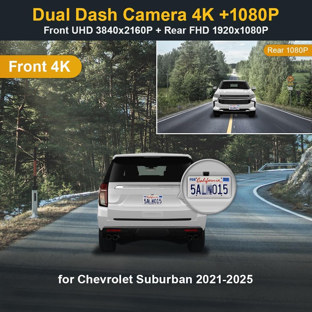 Fitcamx 4K Dual Dash Cam for 2021-2025 Chevy Suburban LS LT RST Premier High Country has Auto-Dimming (HD2-4925), OEM Look, Front 2160P+Rear 1080P, WiFi & APP, Loop Recording, G-Sensor, 128GB Card