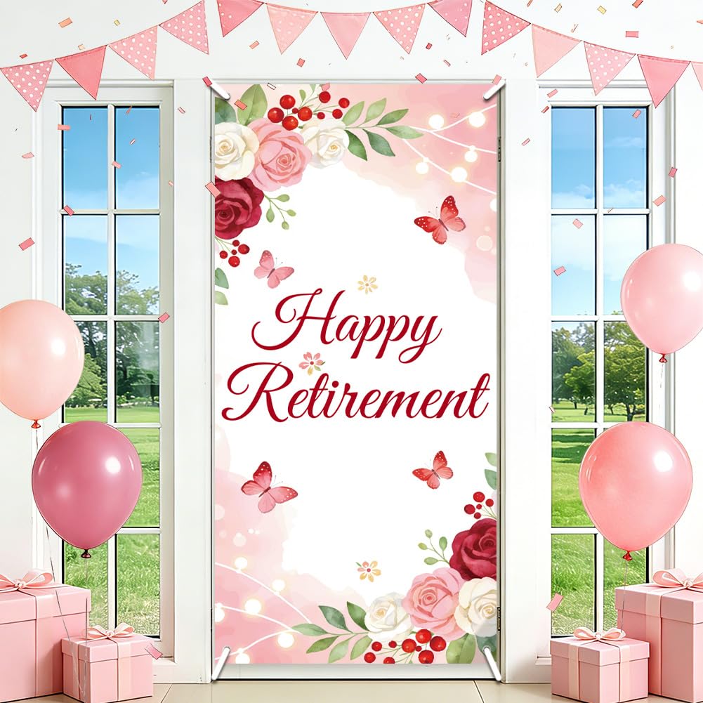 SUPERDANT Door Banner Backdrop Happy Retirement Front Door Cover Background Rose Flowers Polyester Banner Shooting Backgrounds with Copper Hanging Holes Reusable Decor Pink 185x90cm