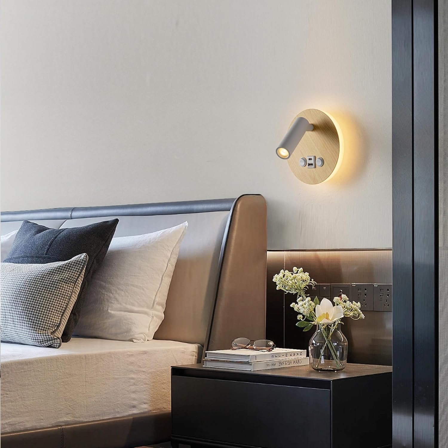 Modern Multi-Purpose Wall Sconces，5.9" Wood Grain Hardwired Wall Light Fixture with USB/Type-C Charging Port for Bedroom/Stdudy, Rotatable Spotlight Reading Light & Ambient Nightlight 2 in 1 Design