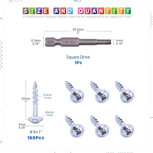 Miniatura 2 de Glarks 160 tornillos de bolsillo #8 x 1 pulgadas, con revestimiento de zinc, tornillos de madera de rosca gruesa autorroscantes para madera y chapa