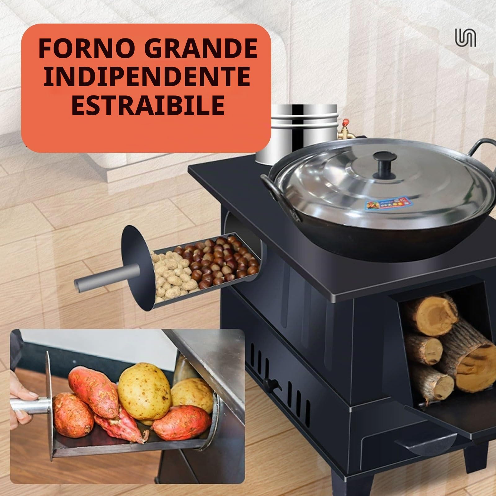 Stufa A Pellet Stufa A Legna Con Forno Struttura in Lamiera D'acciaio Focolare Di Grande Capacità Forno A Legna Include Camino, Gancio E Pinza(50.5 * 30.5 * 41cm)