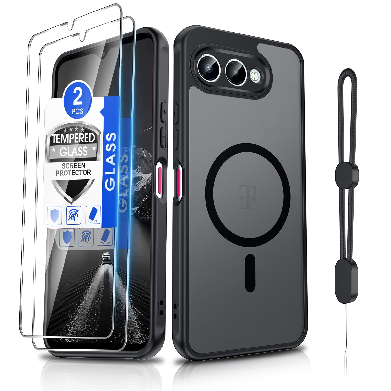 Dizn Magnetic for T-Mobile Revvl 8 Phone Case,[Not Fit Revvl 8 Pro] with Tempered Glass Screen Protector,Strap,Compatible with MagSafe,Military-Grade Protective T-Mobile Revvl 8,Black