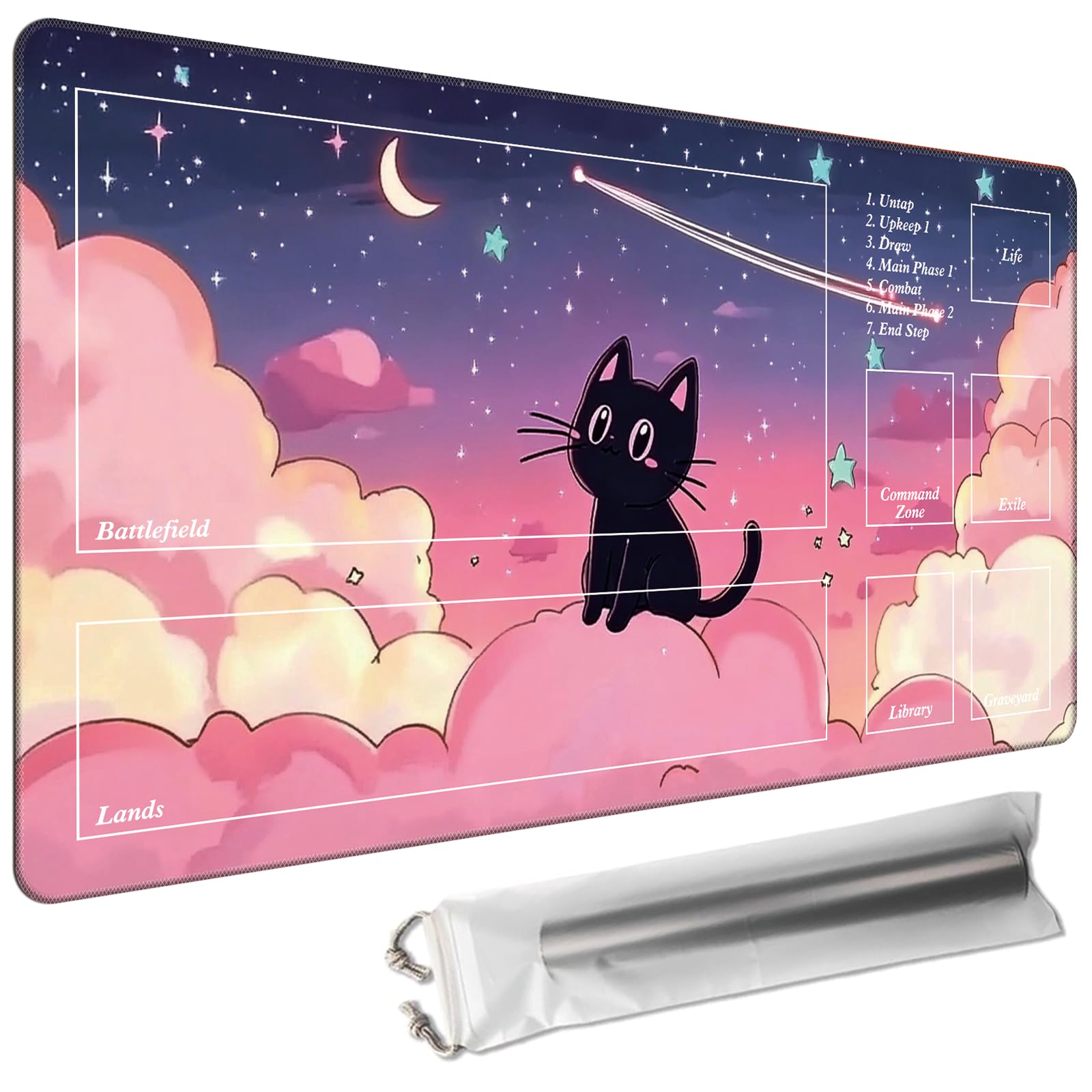 Cdkfxjy MTG Playmat with Magic Zone 27.5 x 15.7in Includes Storage Bag,TCG Playmat with Soft Surface Premium Non-Slip Rubber Backing Stitched Edges Durable Gaming Mat,Cat Sitting on Cloud