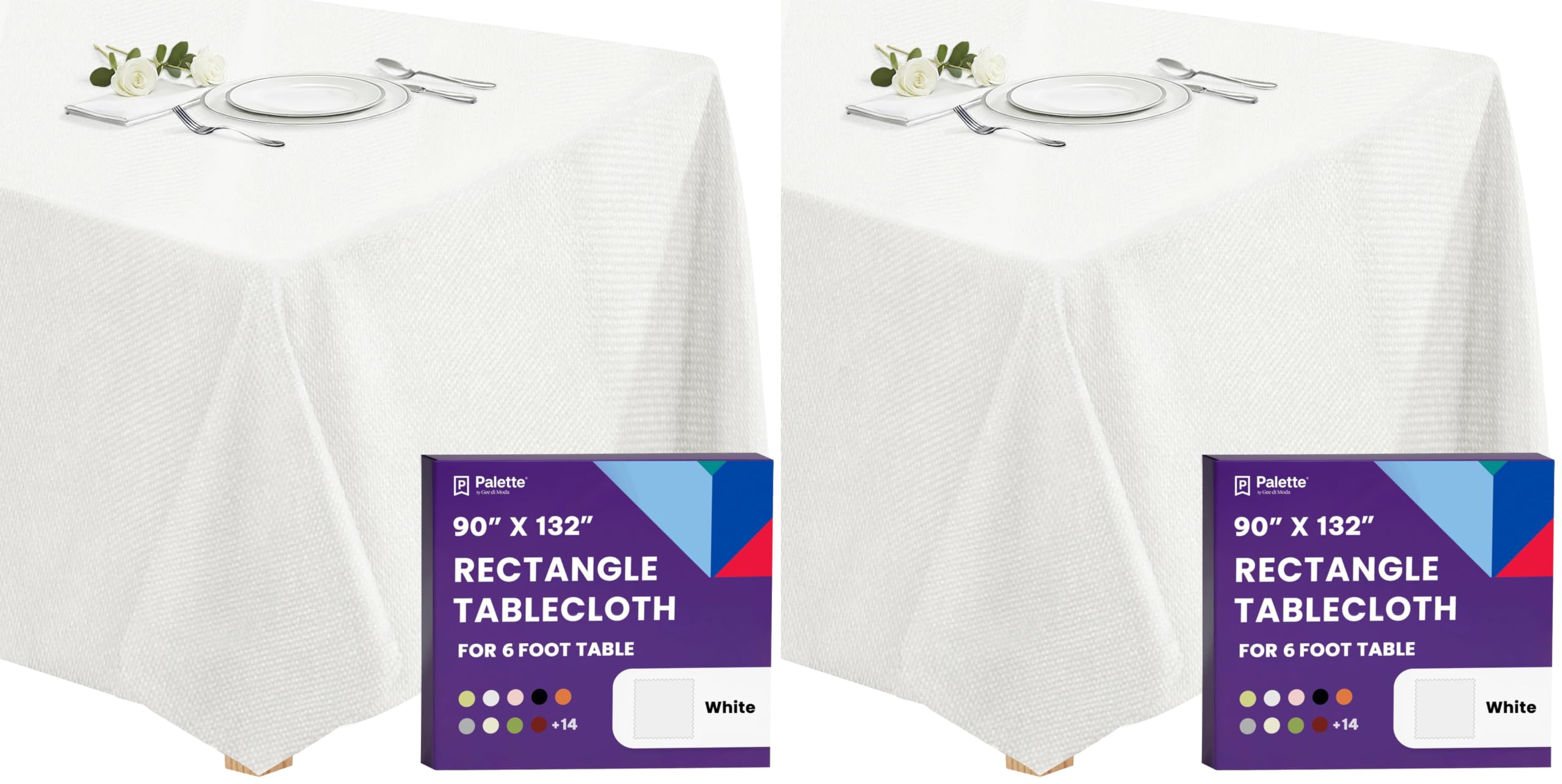 Gee Di Moda Rectangle Tablecloth - 90 x 132 Inch White Table Cloth for 6 Foot Tables with Floor-Length Drop - Heavy Duty Washable Fabric for Holiday Party, Dinner, Weddings &amp; Baby Shower (Pack of 2)