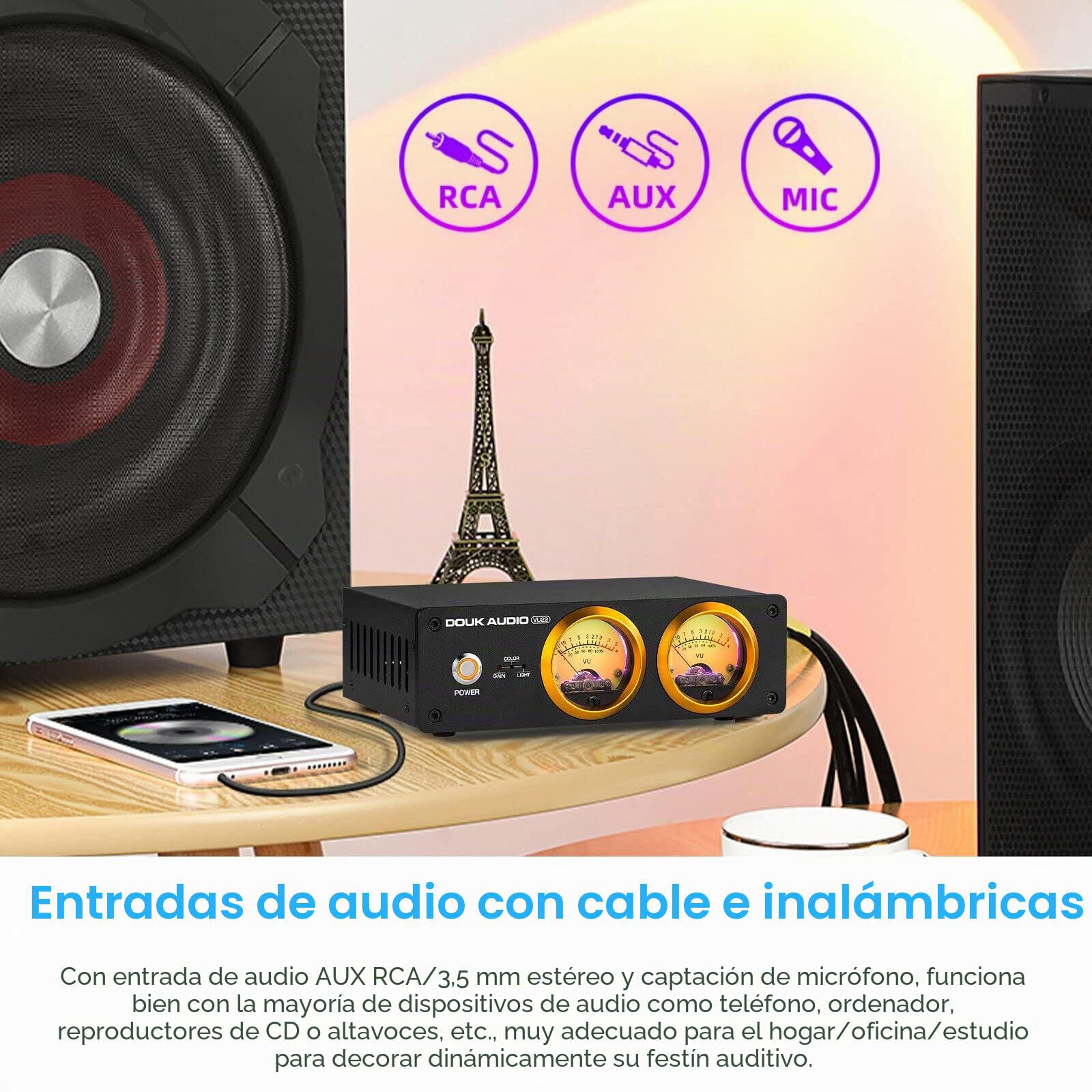 Douk Audio VU22 - Pantalla analógica dual VU de metro, panel de música, MIC y LINE