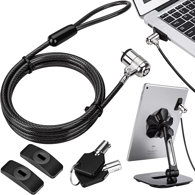 AboveTEK Laptop Lock, Tablet Lock Security Cable, 2 Keys Durable Steel iPad Locking Kit w/Adhesive Anchors, Anti Theft Hardware Protection for iPhone Mobile Notebook Computer Monitor Mac Book Laptop