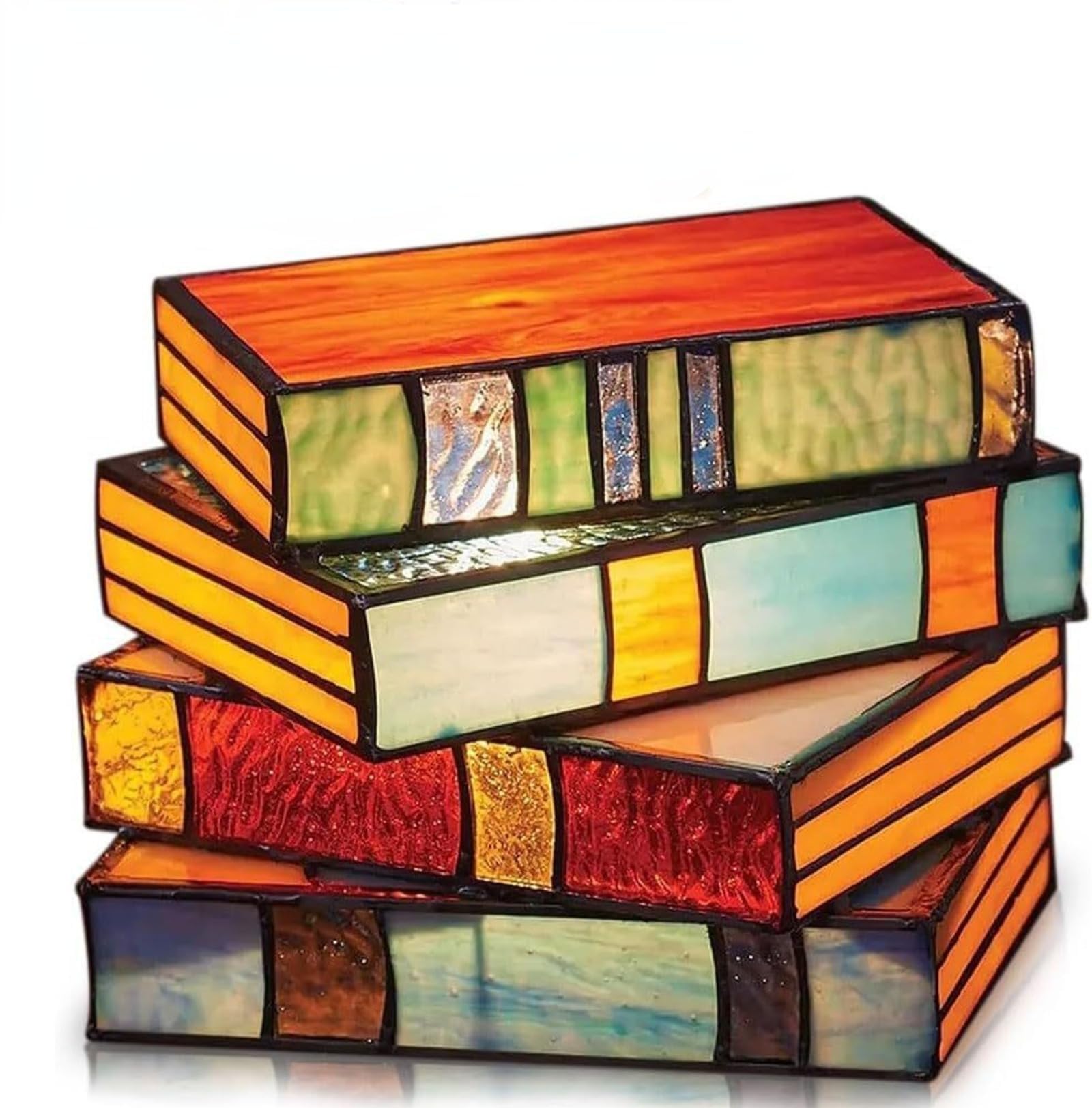 Merrwon Multicolor Stained Glass Stacked Books Table Lamp, Acrylic Stacked Books Bedside Lamps, Led Handcrafted Acrylic Glass Night Light, Vintage Nightstand Desk Lamps, Book Stack Home Decor