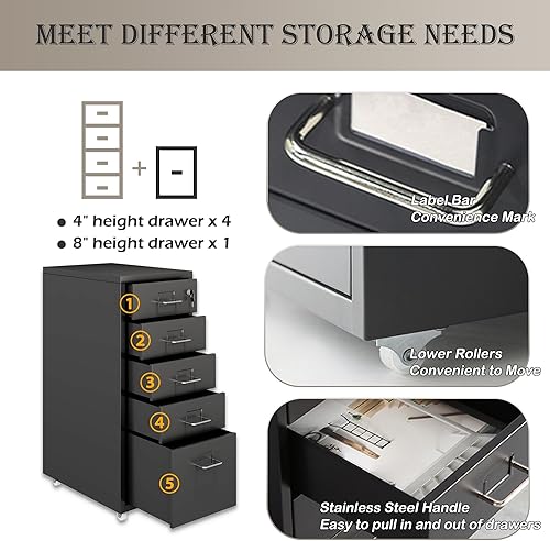 Miniatura 6 de BEESTMUEBLE Gabinete de almacenamiento móvil con 5 cajones, gabinete de almacenamiento de metal grueso con ruedas y cerradura, gabinete de