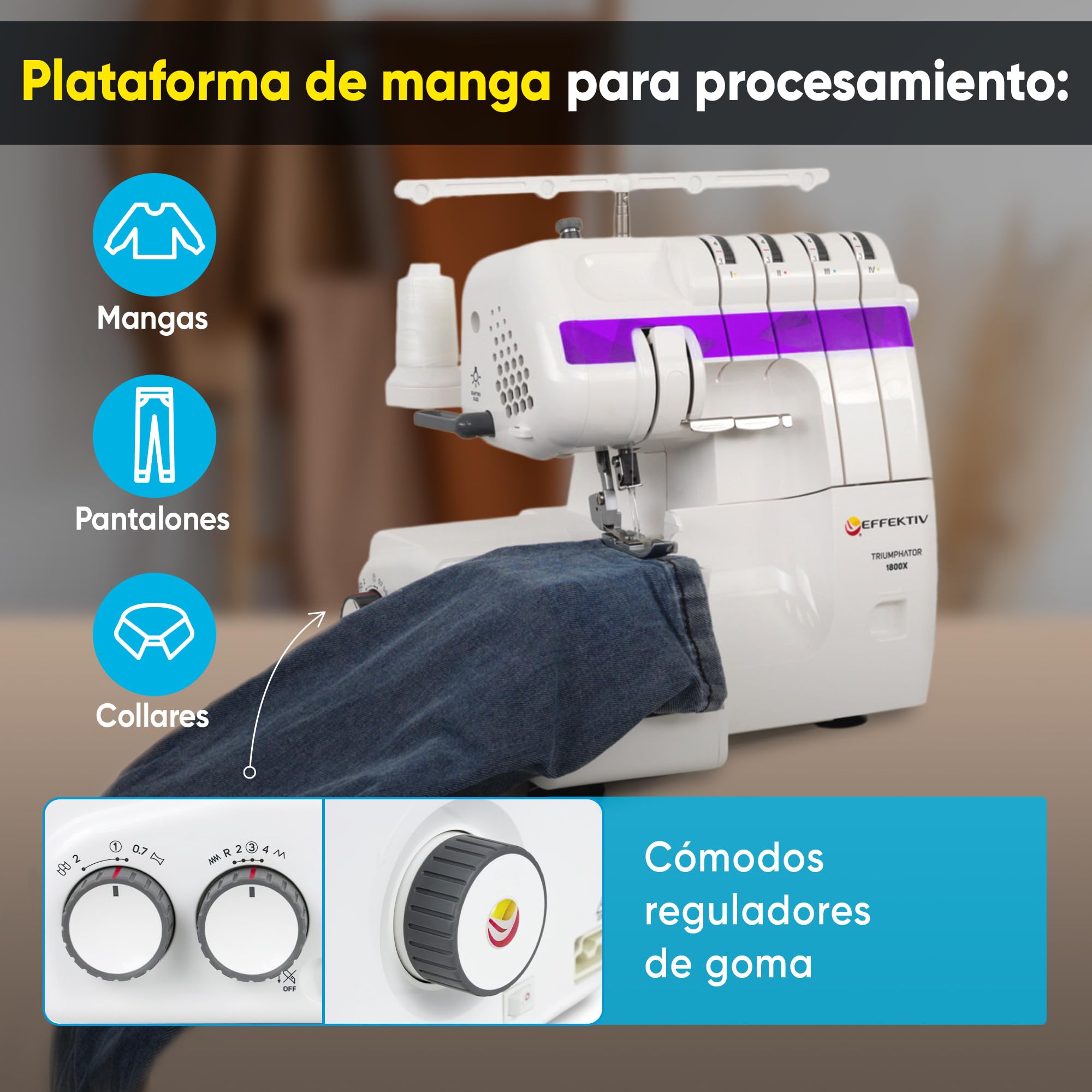 EFFEKTIV Remalladora Overlock 1800X, Máquina Overlock 3/4 Hilos con Diferencial, Enhebrado Automático, 1300 Puntadas/min, Plataforma de Manga