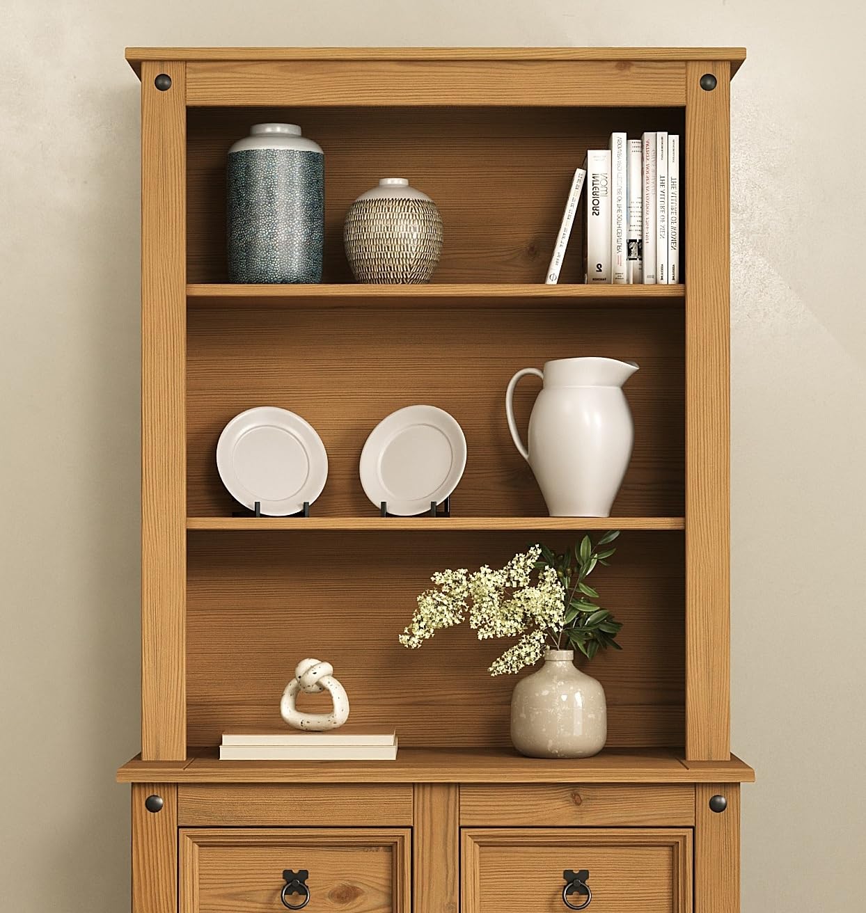 Corona Sideboard Hutch Solid Wood Buffet Welsh Dresser Top – Mexican Pine with Open Shelves
